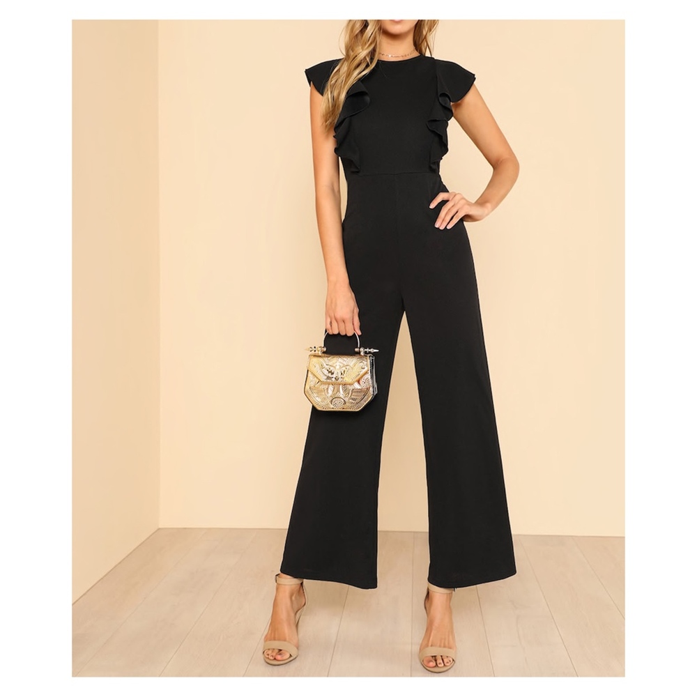 Black Sleeveless Ruffle Details Wide Leg Jumpsuit - Picture 4 of 6